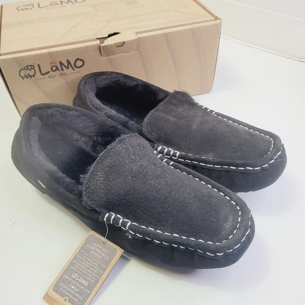 Lamo Men's Moccasin Slippers Size 11 Black Suede Faux Fur Lined House Shoes